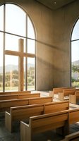 Modern chapel interior with wooden pews facing large arched window and wooden cross, concrete walls, natural light, peaceful worship space for religious services and spiritual gatherings.