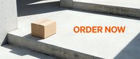 Cardboard box delivered on concrete steps with bold orange Order Now text, promoting e-commerce and online shopping concepts.