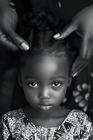 Protective hands gently frame young African girl with traditional hairstyle in emotional black and white portrait capturing childhood innocence and care.