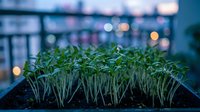Fresh microgreens sprouts growing in soil with blurred urban cityscape at dusk, suitable for organic food, agriculture, and sustainability concepts.