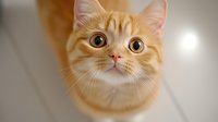 Curious ginger cat with bright amber eyes looking up at camera against light background, close-up portrait showing expressive feline face and pink nose.