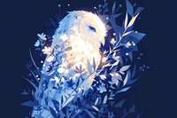 Mystical white barn owl surrounded by glowing blue floral elements and leaves against dark background, creating magical woodland atmosphere.