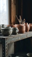 Rustic pottery studio shelf displaying handmade ceramic bowls, terracotta vessels, and brushes by window light, perfect for art and craft design projects.