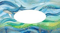 Abstract ocean waves frame with white oval space for text in blue green watercolor style for marine design projects.