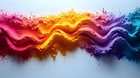 Vibrant wave of colorful powder explosion in rainbow spectrum against white background, dynamic motion of red, yellow, orange, purple and blue dust particles.