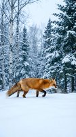 Red fox walking across snowy landscape with evergreen and birch forest backdrop. Wildlife in winter environment for nature and seasonal projects.