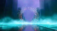 Glowing musical notes form circular pattern over reflective surface with blue light beams and atmospheric fog in dark mystical environment.