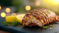 Grilled lobster tail sliced and served on black slate with fresh lemon wedges and herbs, golden bokeh lights creating luxurious dining atmosphere.