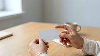 Hands holding blank white business card on wooden desk with laptop and coffee cup in background, professional networking and corporate branding concept.
