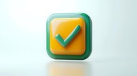 Green checkmark on yellow square button with rounded corners and soft shadow floating on light background. Isolated design element for apps and interfaces.
