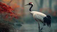 Elegant red-crowned crane standing in misty water near vibrant autumn maple foliage, creating serene Asian wildlife scene with atmospheric foggy background.