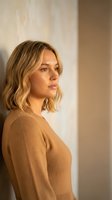 Young blonde woman in beige sweater looking thoughtfully to side in warm natural light interior setting for lifestyle and wellness content.