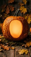 Carved pumpkin lantern with intricate tree branch pattern glowing warmly among autumn leaves and acorns on rustic wooden surface for Halloween decoration.