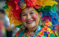Joyful mature Hispanic woman in vibrant rainbow carnival costume with colorful feathers and sequins smiling at camera during festive celebration.