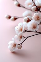 Delicate white plum or cherry blossoms against soft pink background, with gentle bokeh effect creating dreamy spring atmosphere. Branch shows multiple blooms in various stages.