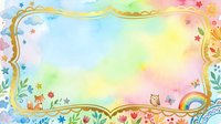 Watercolor kids frame with gold border, rainbow colors, fox, owl, flowers, and stars, tiles into a single background for nursery or greeting card design.
