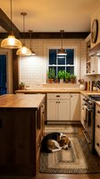 Cozy farmhouse kitchen interior with white cabinets, wood countertops, subway tile backsplash, pendant lights and sleeping dog on woven rug at evening.