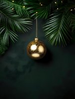 Golden glittery Christmas ball ornament hanging from pine branches with soft fairy lights on dark green background, creating festive holiday atmosphere.
