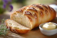Fresh baked braided bread loaf with golden crust, sliced to show soft interior texture, served with butter on wooden surface against blurred background.