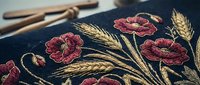 Elegant floral embroidery with red poppies and golden wheat on dark fabric. Traditional needlework craft showcasing intricate stitching techniques for textile art.