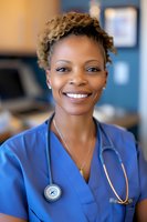 African American female healthcare professional wearing blue scrubs and stethoscope smiles warmly at camera in medical office setting. Natural curly hairstyle and professional demeanor.