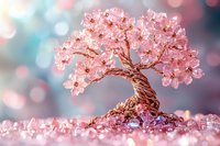 Delicate rose quartz crystal tree with twisted trunk and blooming branches against soft bokeh background, creating magical miniature landscape for spiritual decor.