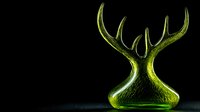 Glowing green deer antlers sculpture with textured base against dark background, creating dramatic lighting effect and mysterious atmosphere.