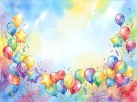 Colorful balloons, stars, and confetti float against a soft watercolor background in pastel hues. Ideal for celebrations, invitations, and festive designs.