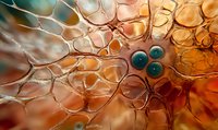 Microscopic view of cellular structure in orange and brown tones with blue spherical elements, showing intricate biological network patterns and membrane formations.