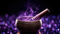Mystical bronze singing bowl with wooden mallet releasing magical purple smoke and sparkles against dark cosmic background for meditation and wellness.