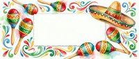Watercolor Mexican fiesta frame with colorful maracas, sombrero, and festive swirls surrounding a blank space for text or design.
