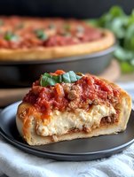 Deep dish pizza slice with melted cheese, meat sauce and fresh basil garnish on dark plate, showing layered filling and golden crust. Close up food photography.