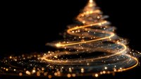 Abstract golden Christmas tree made of glowing light trails and sparkles on black background for holiday greeting cards and festive decorations.