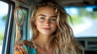 Young blonde woman with natural wavy hair and bright smile sitting in car interior, looking at camera with genuine expression. Soft natural lighting creates warm atmosphere.