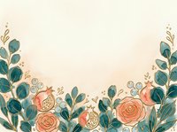 Watercolor floral background with roses, pomegranates, teal leaves, and berries on a soft peach canvas, perfect for cards and invitations.