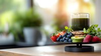 Fresh berries, fruits and green smoothie on black serving tray against blurred kitchen background. Healthy breakfast or detox drink concept with natural ingredients.