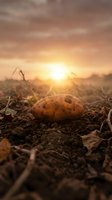 Fresh potato lying on rich soil during golden hour sunset with warm agricultural landscape background for farming and harvest concepts.