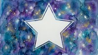 White star shape on vibrant cosmic watercolor background with purple, blue and teal nebula effects. Space-themed design element for creative projects.