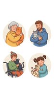 Diverse people of different ages holding and cuddling with cats showing love and companionship between humans and pets in cartoon style.
