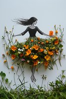 Creative mixed media artwork featuring woman silhouette with flowing hair and dress made of vibrant orange wildflowers and green foliage on white background.