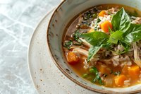 Homemade chicken soup with rice, carrots and fresh herbs served in rustic ceramic bowl. Clear broth garnished with parsley and basil leaves creates warming comfort food.
