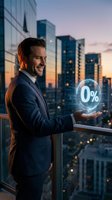 Businessman in dark suit holding glowing zero percent symbol on high-rise balcony at sunset with city skyline, representing interest rates, finance, and banking concepts for corporate presentations.
