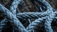 Weathered nautical rope coils with intricate braided texture creating abstract patterns on rocky surface for maritime and sailing themes.