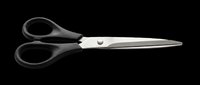 Scissors with black handles and stainless steel blades isolated on transparent background, ready for clipart, t-shirt design, print-on-demand products, stickers, and sublimation projects.
