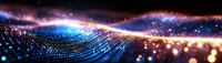 Glowing wave of light particles flowing through dark space with blue and orange bokeh effects creating futuristic abstract technology background.