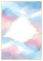 Pastel watercolor sky background with gold cloud frame, soft blue pink purple tones, copy space for text, cards, invitations.