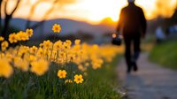 Silhouette of person walking on path at sunset with yellow wildflowers in foreground creating dreamy bokeh effect, peaceful outdoor nature scene.