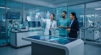 Modern laboratory team analyzing holographic data displays in high-tech research facility with advanced digital interfaces and scientific equipment.