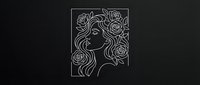 Young woman with flowing hair surrounded by blooming roses in elegant line art style on dark background for modern design projects.