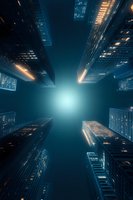 Looking up at modern skyscrapers against dark blue night sky, illuminated office windows and architectural details create dramatic vertical perspective.